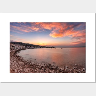 Sunset behind the town of Spetses island, Greece Posters and Art